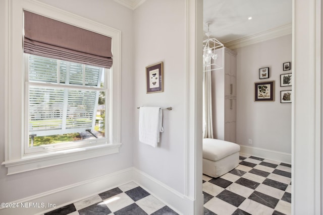 bathroom with ornamental molding and an inviting chandelier