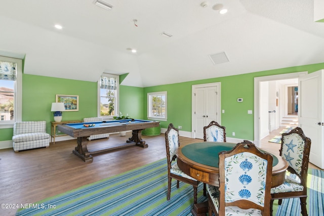 rec room featuring wood-type flooring, vaulted ceiling, and pool table