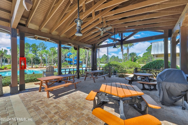 view of patio featuring ceiling fan and area for grilling