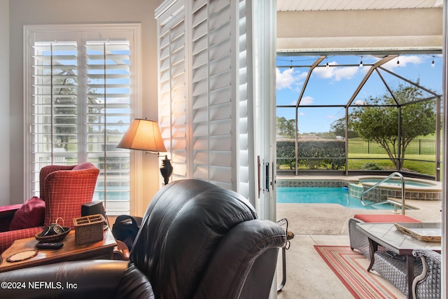 interior space featuring concrete flooring and a pool