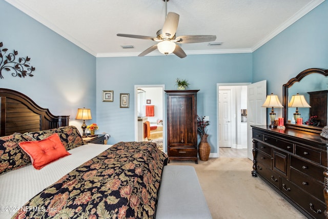 bedroom with ceiling fan, crown molding, and light colored carpet