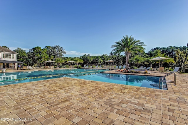 view of swimming pool with a patio