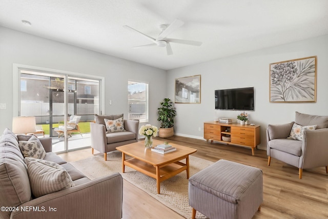 living room with ceiling fan and light wood-type flooring