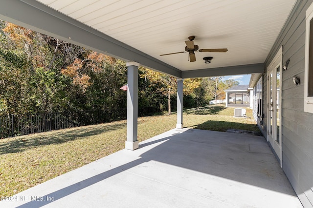 view of patio / terrace featuring central AC unit and ceiling fan