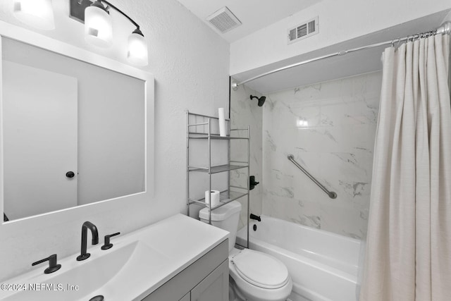 full bathroom featuring vanity, toilet, and shower / bathtub combination with curtain