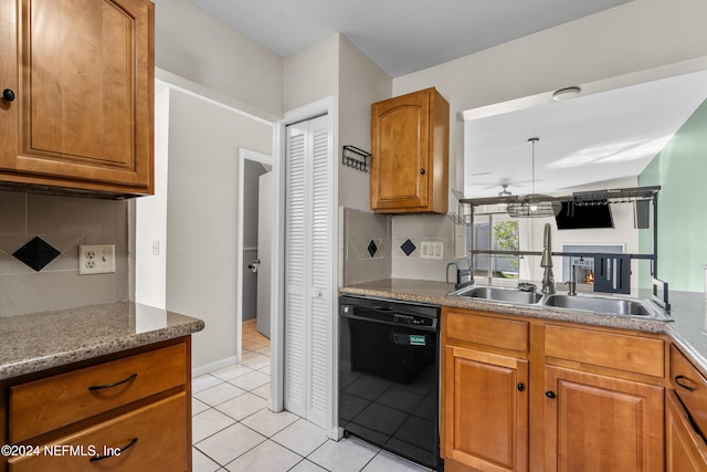 kitchen featuring tasteful backsplash, ceiling fan, light tile patterned floors, stone counters, and dishwasher