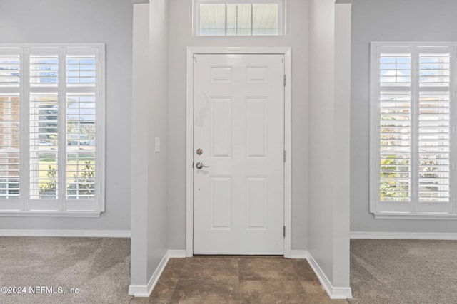 foyer featuring a wealth of natural light and carpet floors