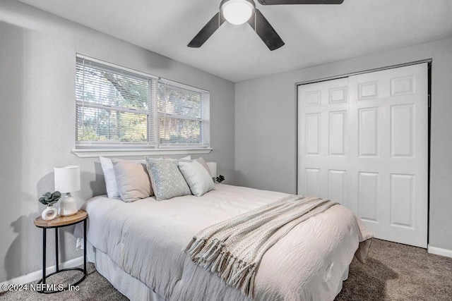 bedroom featuring carpet, a closet, and ceiling fan