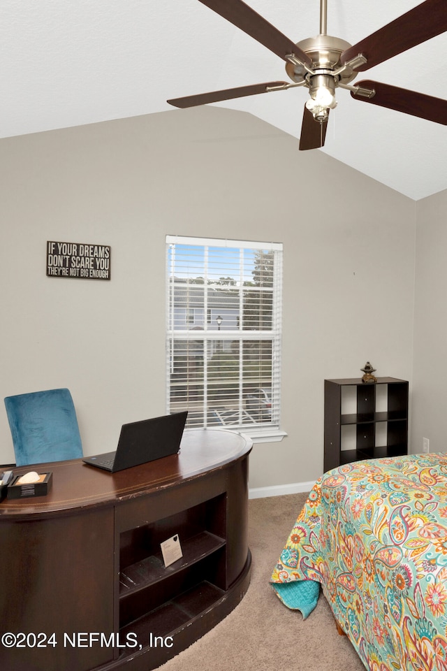 carpeted bedroom featuring ceiling fan and lofted ceiling