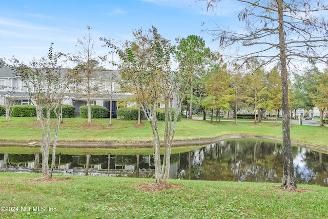 view of property's community featuring a water view and a yard