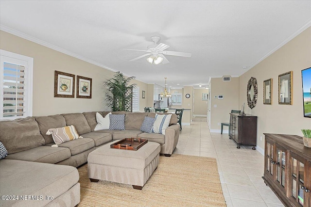 living room with a wealth of natural light and ornamental molding