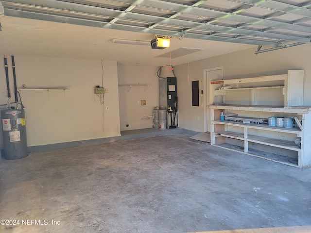 garage with electric panel, a garage door opener, and water heater