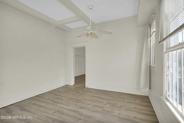 unfurnished room with beam ceiling, a healthy amount of sunlight, and light hardwood / wood-style floors