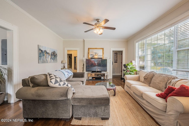 living room with ceiling fan, wood-type flooring, ornamental molding, and electric panel