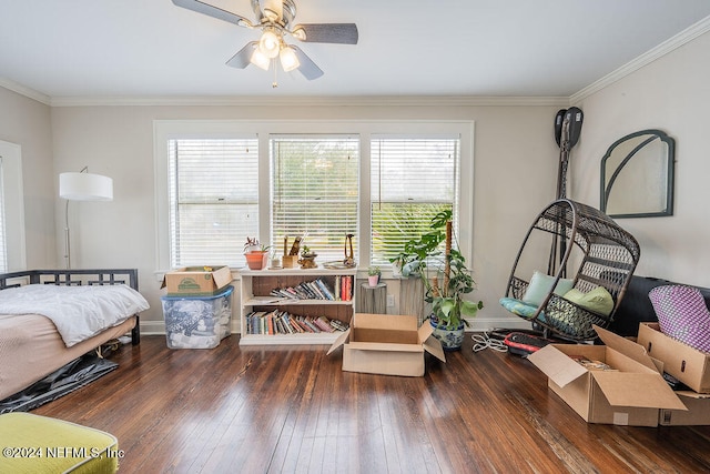 bedroom featuring multiple windows, ceiling fan, crown molding, and dark hardwood / wood-style floors