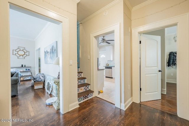 hallway with hardwood / wood-style floors and ornamental molding