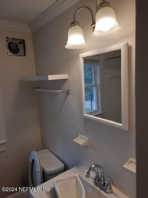 bathroom with toilet, crown molding, and sink