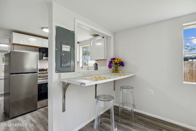 kitchen featuring stainless steel appliances, white cabinetry, and dark hardwood / wood-style floors