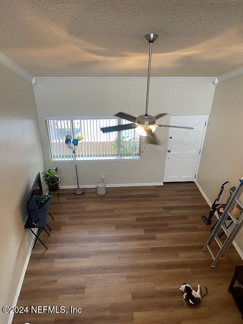 unfurnished dining area with dark hardwood / wood-style flooring, a textured ceiling, and ornamental molding