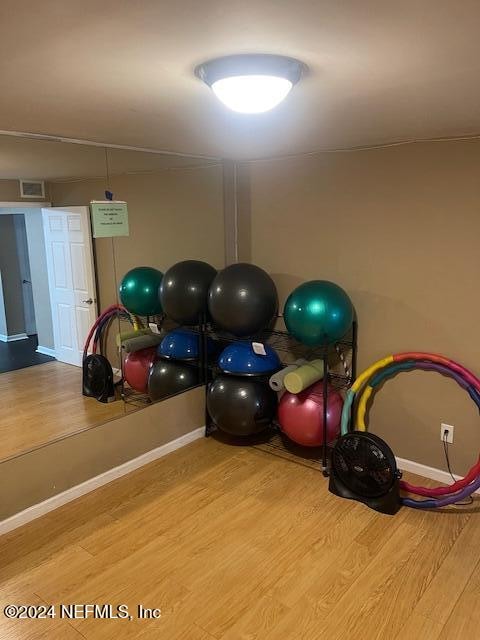 workout room featuring wood-type flooring