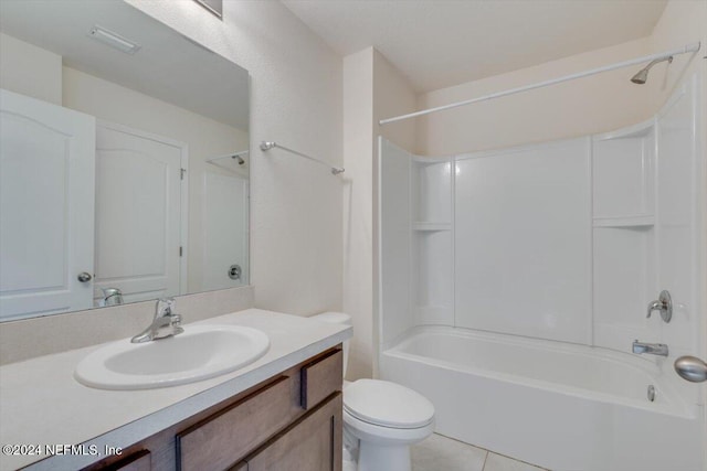 full bathroom featuring tile patterned floors, vanity,  shower combination, and toilet