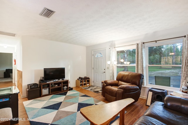 living room featuring wood-type flooring and a textured ceiling