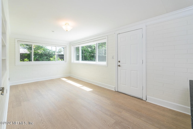 interior space featuring a wealth of natural light, brick wall, and light hardwood / wood-style flooring