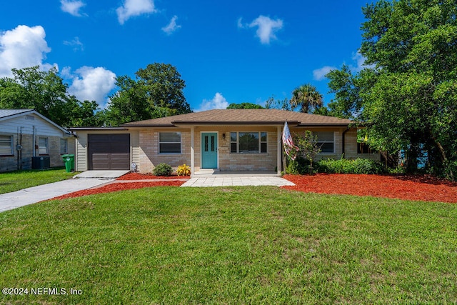 ranch-style home with central AC unit, a porch, a garage, and a front yard