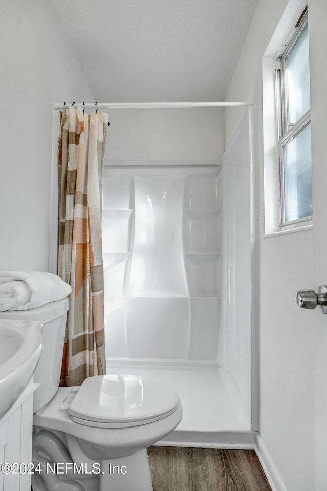 bathroom featuring wood-type flooring, vanity, toilet, and curtained shower