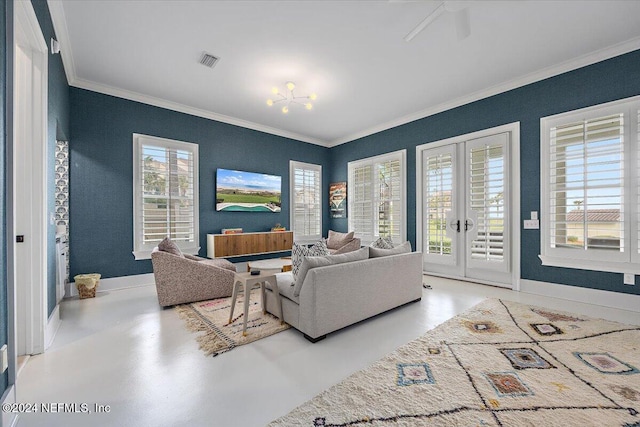 living room featuring french doors and ornamental molding