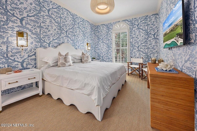 bedroom with multiple windows and light colored carpet