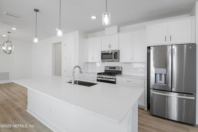 kitchen featuring stainless steel appliances, white cabinetry, sink, and a center island with sink