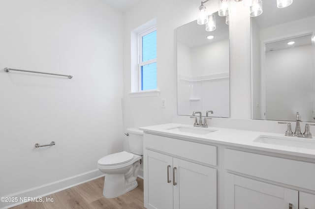 bathroom featuring vanity, wood-type flooring, and toilet