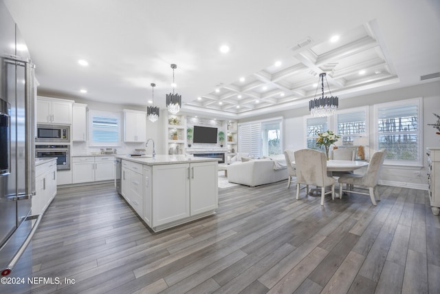 94 Hickory Pine Dr, Saint Augustine, FL 32092 - kitchen with stainless steel appliances, a sink, a chandelier, a kitchen island with sink, and wood finished floors