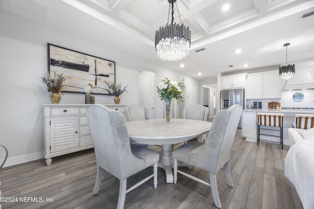 dining room featuring beam ceiling, hardwood / wood-style flooring, and coffered ceiling