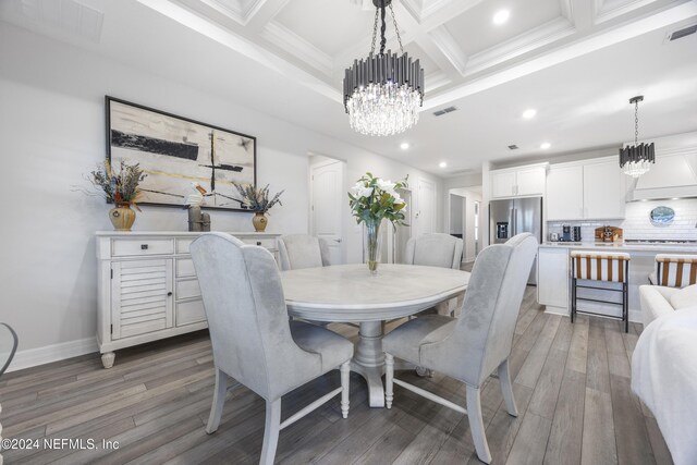 94 Hickory Pine Dr, Saint Augustine, FL 32092 - dining room featuring a chandelier, recessed lighting, light wood-style floors, coffered ceiling, and beamed ceiling