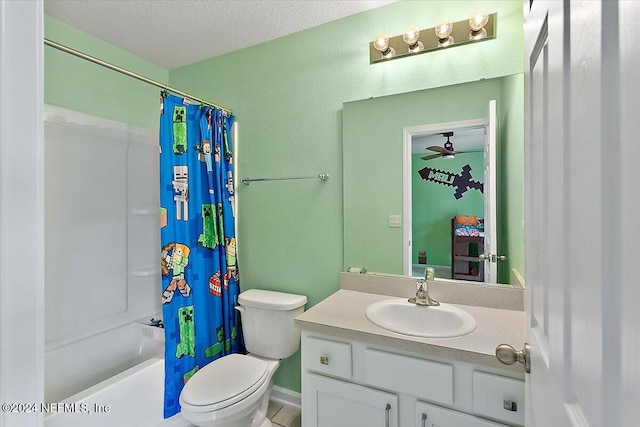 full bathroom featuring ceiling fan, shower / bath combo, a textured ceiling, toilet, and vanity