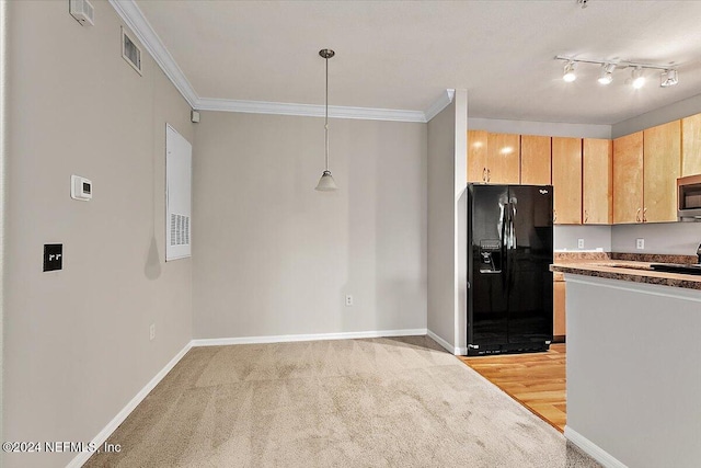 kitchen featuring light brown cabinets, ornamental molding, decorative light fixtures, light hardwood / wood-style floors, and black fridge with ice dispenser