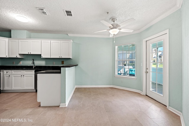 kitchen with ceiling fan, white cabinetry, and a textured ceiling