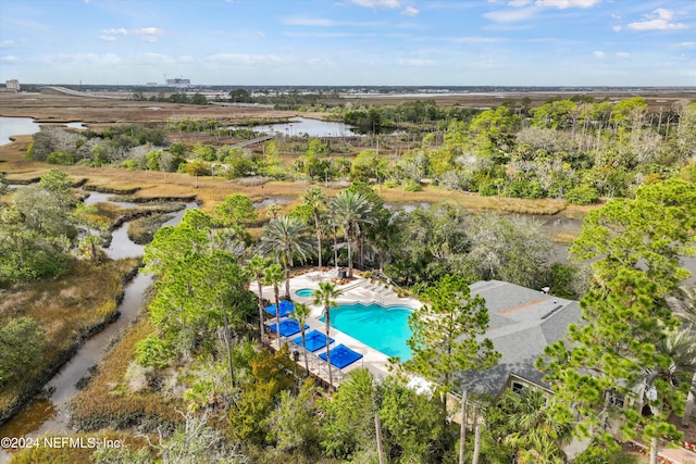 drone / aerial view featuring a water view