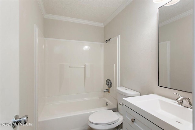 full bathroom featuring vanity, washtub / shower combination, crown molding, toilet, and a textured ceiling