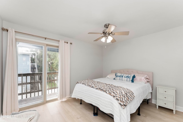 bedroom featuring ceiling fan, light hardwood / wood-style floors, and access to outside