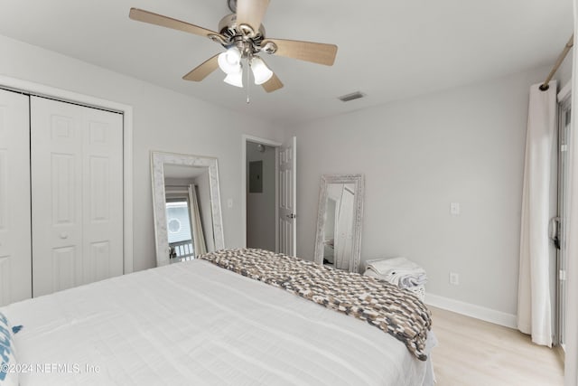 410 1st St S Unit C, Jacksonville Beach, FL 32250 - bedroom featuring a closet, light wood-style floors, baseboards, a ceiling fan, and electric panel