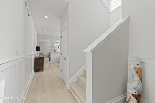 staircase with hardwood / wood-style flooring