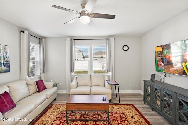 living room with ceiling fan and hardwood / wood-style floors