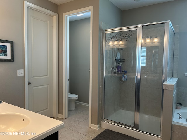 full bath featuring toilet, tile patterned floors, a bath, and a shower stall