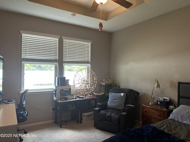 carpeted bedroom featuring baseboards, a textured ceiling, and a raised ceiling