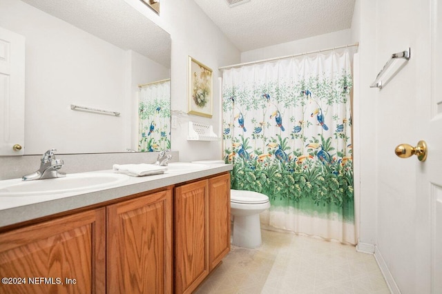 bathroom with vanity, a textured ceiling, toilet, and curtained shower