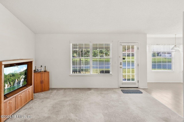 unfurnished living room featuring light carpet and a textured ceiling