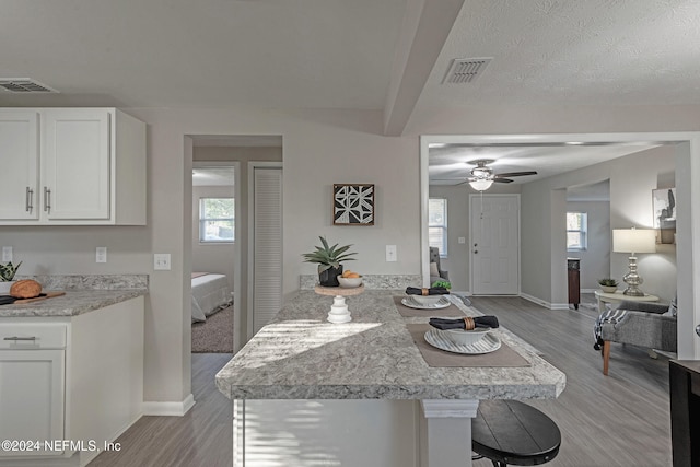 kitchen featuring white cabinets, plenty of natural light, a kitchen bar, and light wood-type flooring